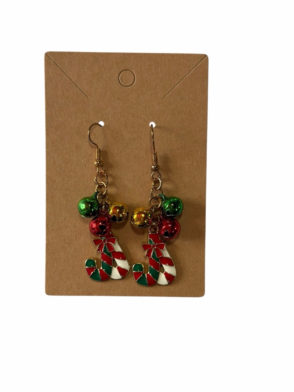 Festive Candy Cane Drop Earrings with Jingle Bells - Red & Green